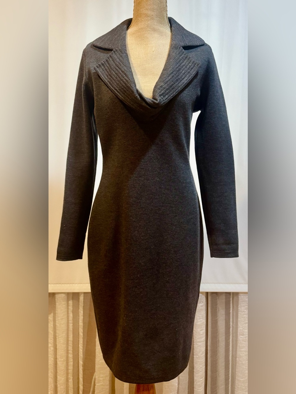 Gianfranco Ferré Dark Gray Long-Sleeve Cowl Neck Knit Dress, Elegant style, M
